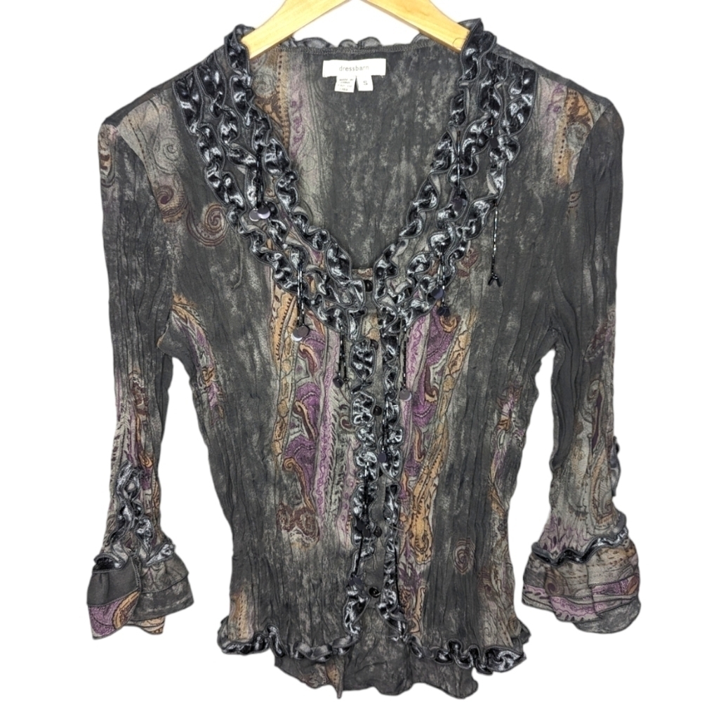 Y2K Dressbarn Victorian Gothic Velour Beaded Ruffle Seamed Long Sleeve Woman's S